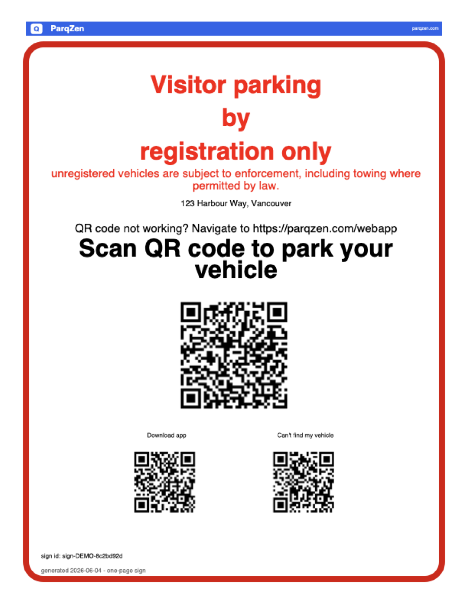 Sample letter-size parking sign: registration headline, three QR codes for download app, register parking, and can't find vehicle, plus ParqZen branding